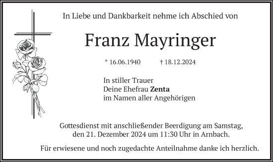 Traueranzeige von Franz Mayringer von merkurtz