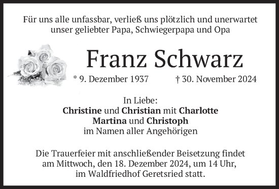 Traueranzeige von Franz Schwarz von merkurtz