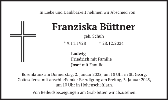 Traueranzeige von Franziska Büttner von merkurtz