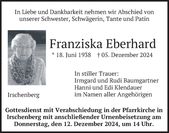 Traueranzeige von Franziska Eberhard von merkurtz