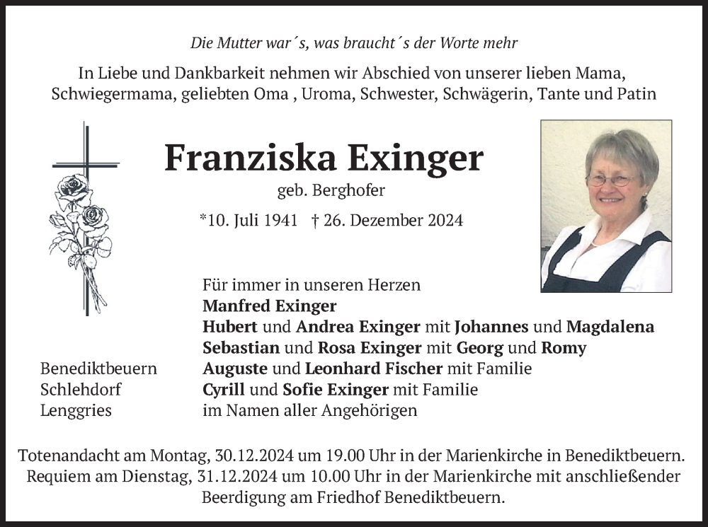  Traueranzeige für Franziska Exinger vom 28.12.2024 aus merkurtz