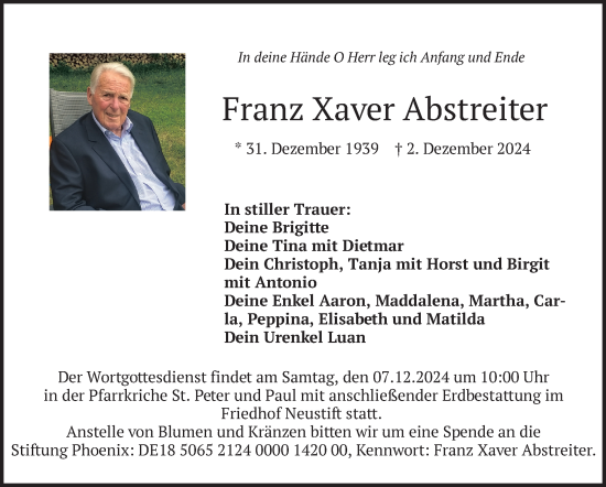 Traueranzeige von Franz Xaver Abstreiter von merkurtz