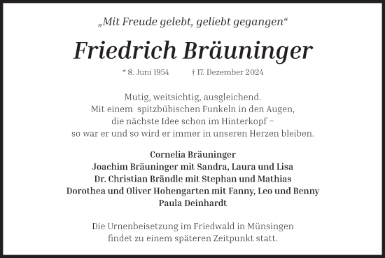 Traueranzeige von Friedrich Bräuninger von merkurtz