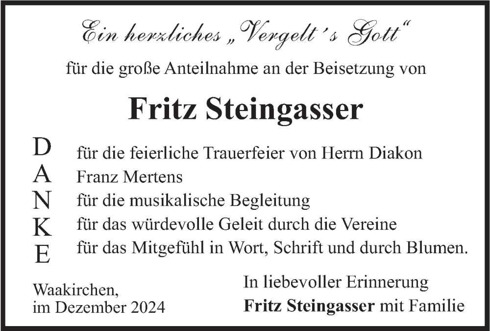  Traueranzeige für Fritz Steingasser vom 07.12.2024 aus merkurtz