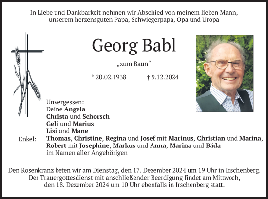 Traueranzeige von Georg Babl von merkurtz