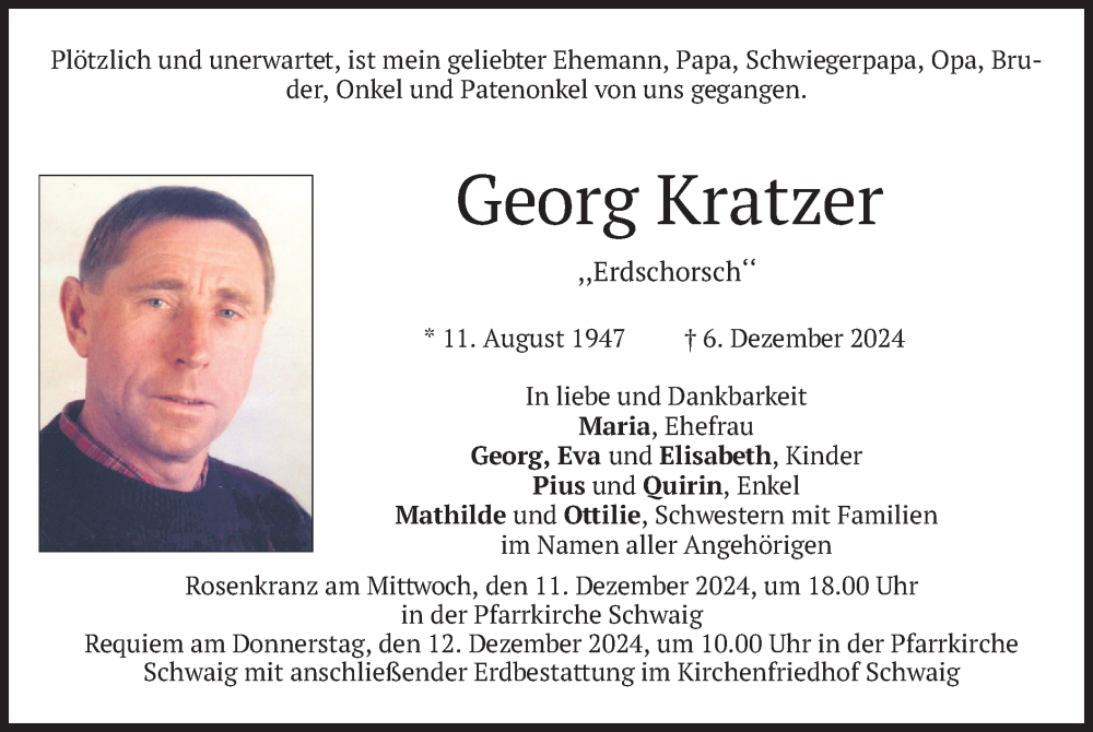  Traueranzeige für Georg Kratzer vom 11.12.2024 aus merkurtz