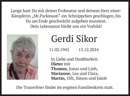 Traueranzeige von Gerdi Sikor von merkurtz