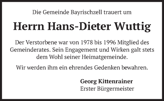 Traueranzeige von Hans-Dieter Wuttig von merkurtz