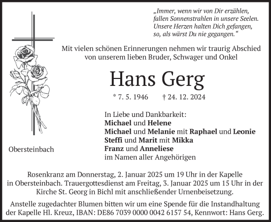 Traueranzeige von Hans Gerg von merkurtz