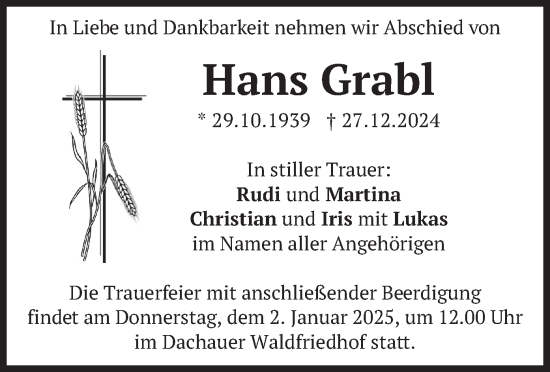 Traueranzeige von Hans Grabl von merkurtz