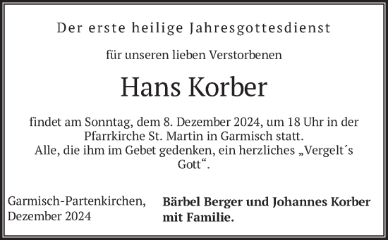 Traueranzeige von Hans Korber von merkurtz