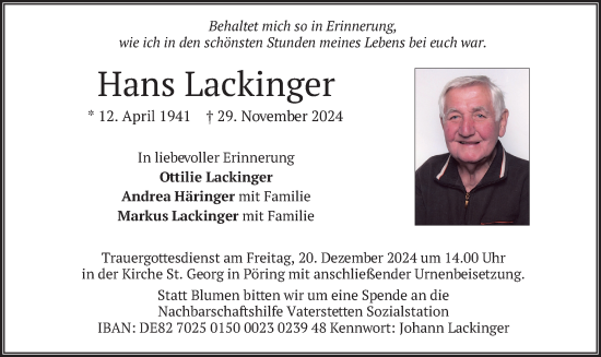 Traueranzeige von Hans Lackinger von merkurtz