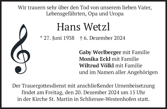 Traueranzeige von Hans Wetzl von merkurtz