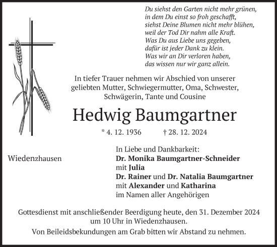 Traueranzeige von Hedwig Baumgartner von merkurtz