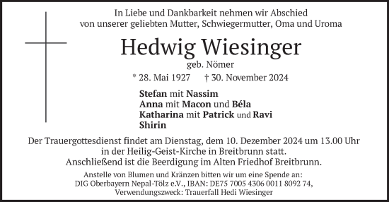 Traueranzeige von Hedwig Wiesinger von merkurtz