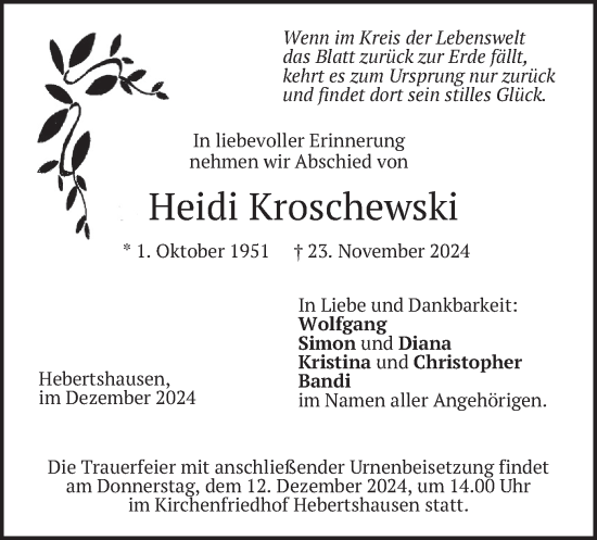 Traueranzeige von Heidi Kroschewski von merkurtz