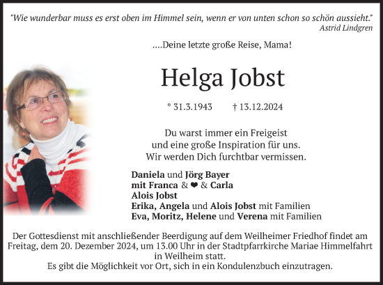 Traueranzeige von Helga Jobst von merkurtz