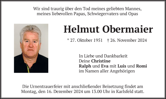 Traueranzeige von Helmut Obermaier von merkurtz