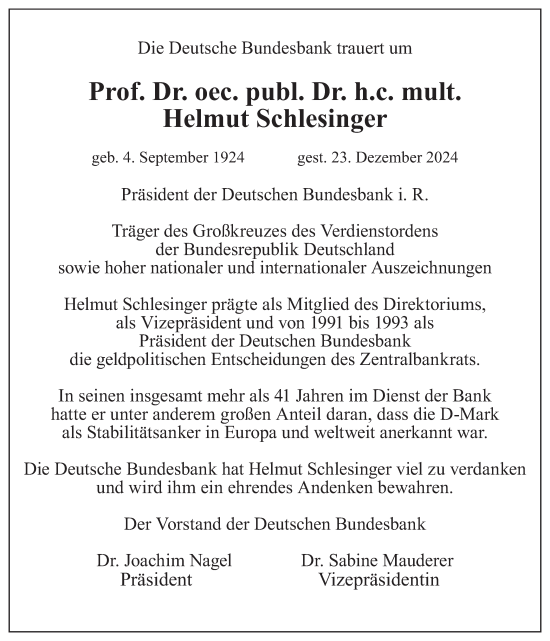 Traueranzeige von Helmut Schlesinger von merkurtz