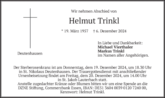 Traueranzeige von Helmut Trinkl von merkurtz