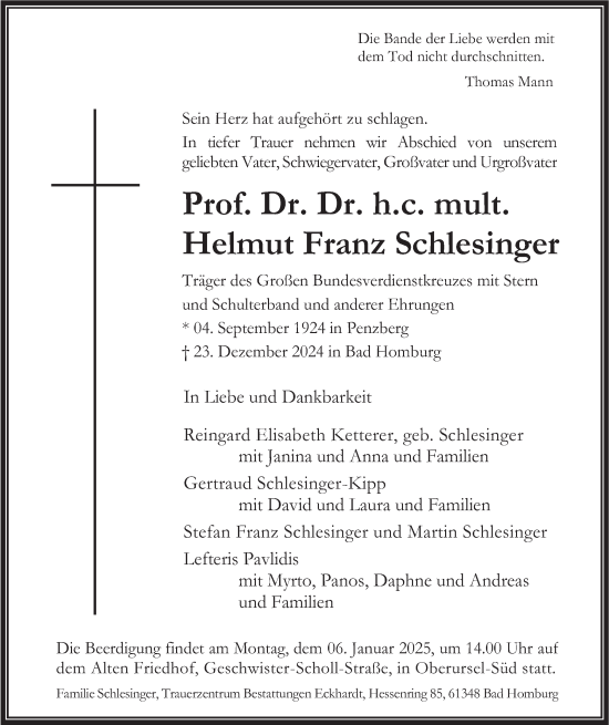 Traueranzeige von Helmut Franz Schlesinger von merkurtz