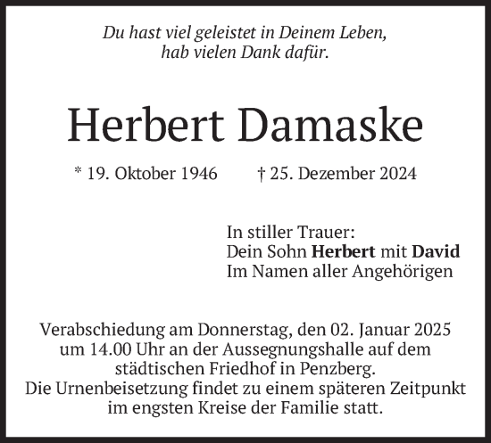 Traueranzeige von Herbert Damaske von merkurtz