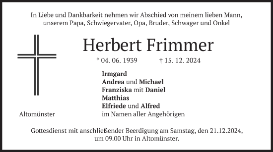 Traueranzeige von Herbert Frimmer von merkurtz