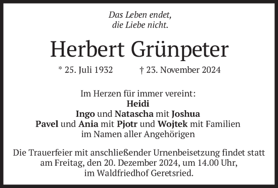 Traueranzeige von Herbert Grünpeter von merkurtz