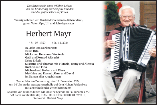 Traueranzeige von Herbert Mayr von merkurtz