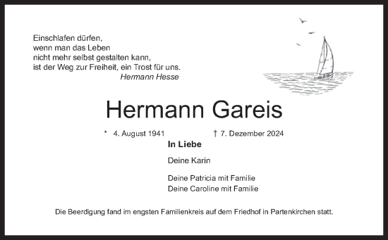 Traueranzeige von Hermann Gareis von merkurtz