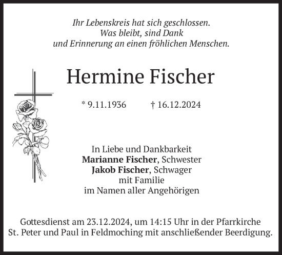 Traueranzeige von Hermine Fischer von merkurtz