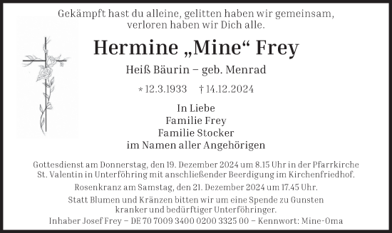 Traueranzeige von Hermine Frey von merkurtz