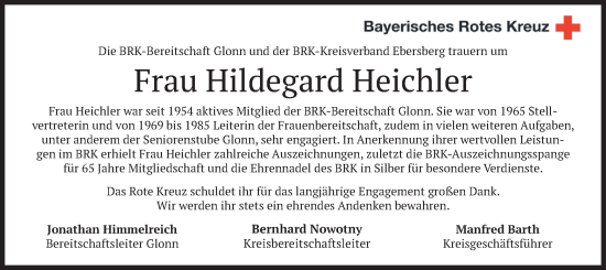 Traueranzeige von Hildegard Heichler von merkurtz