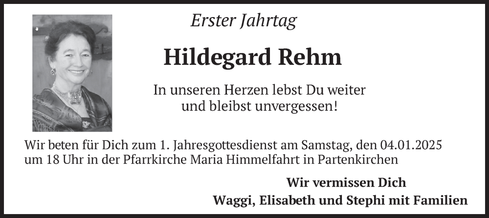  Traueranzeige für Hildegard Rehm vom 31.12.2024 aus merkurtz
