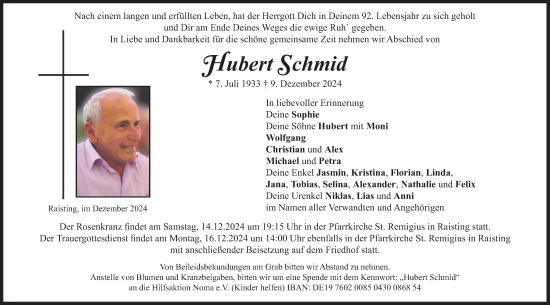 Traueranzeige von Hubert Schmid von merkurtz