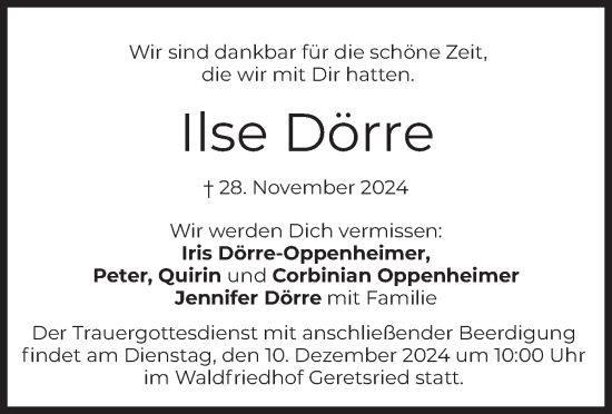 Traueranzeige von Ilse Dörre von merkurtz