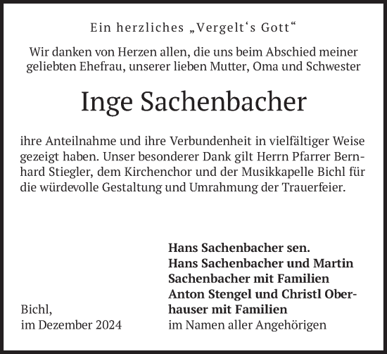 Traueranzeige von Inge Sachenbacher von merkurtz