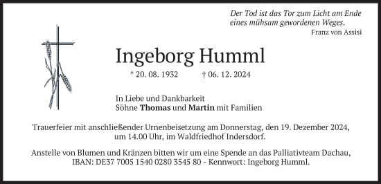 Traueranzeige von Ingeborg Humml von merkurtz