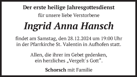 Traueranzeige von Ingrid Anna Hansch von merkurtz