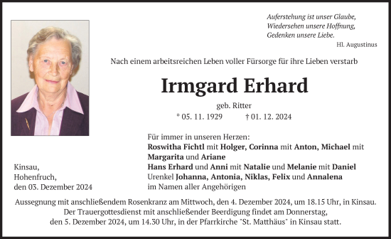 Traueranzeige von Irmgard Erhard von merkurtz