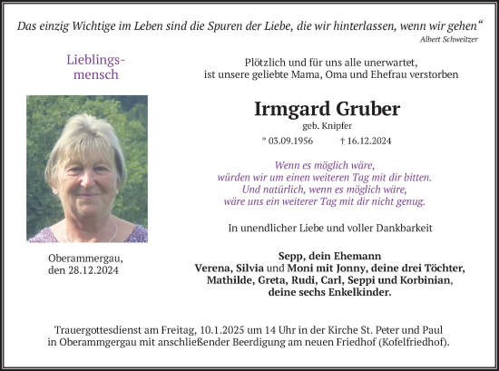 Traueranzeige von Irmgard Gruber von merkurtz