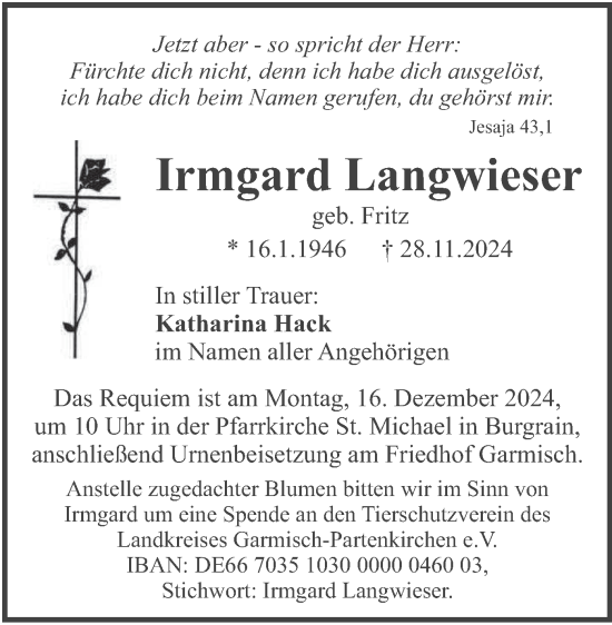 Traueranzeige von Irmgard Langwieser von merkurtz