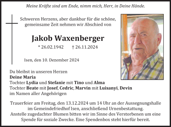 Traueranzeige von Jakob Waxenberger von merkurtz