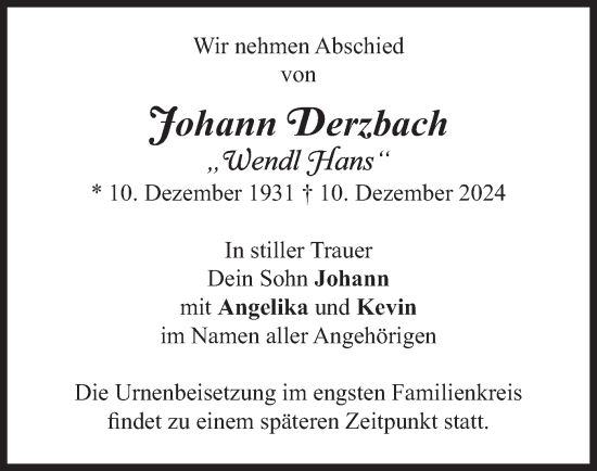 Traueranzeige von Johann Derzbach von merkurtz