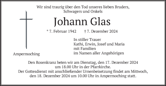 Traueranzeige von Johann Glas von merkurtz