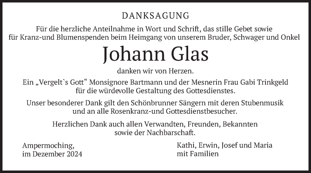  Traueranzeige für Johann Glas vom 28.12.2024 aus merkurtz