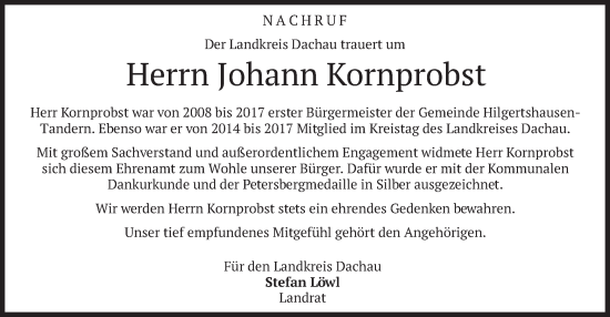 Traueranzeige von Johann Kornprobst von merkurtz