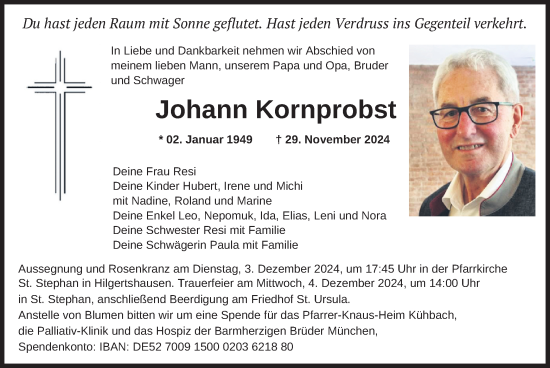 Traueranzeige von Johann Kornprobst von merkurtz