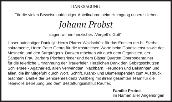 Traueranzeige von Johann Probst von merkurtz