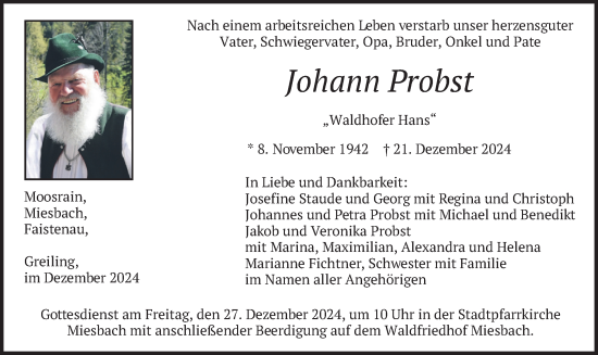 Traueranzeige von Johann Probst von merkurtz